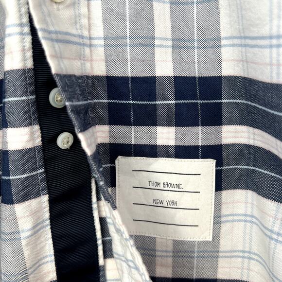 Thom Browne Navy Blue White Plaid Button Down Long Sleeve Shirt XL 4 - Picture 2 of 8